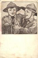 Cserkészfiúk madárral és madárketreccel, Magyar Cserkészszövetség kiadása / Scout boys with birdcage and bird s: Márton L. (EK)