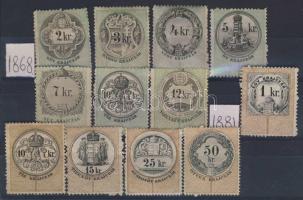 Az 1868 jún. 20-i okmánybélyeg sor 7 értéke+az 1881-es kiadás 5 értéke mind használatlan