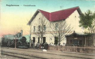 Nagyberezna, Velykyi Bereznyi, Velká Berezna; vasútállomás, gőzmozdony, vasutasok, Deutsch nyomda kiadása / railway station, locomotive, railwaymen (EK)