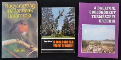 3 db természetvédelmi könyv: Haraszthy László: Magyarország madarainak határozója (Bp., 1990); Papp József: Magyarország védett területei (Bp., 1975); Zákonyi Ferenc: A balatoni üdülőkörzet természeti értékei (Bp., é. n.). Papírkötésben, jó állapotban.