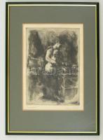 Szőnyi István (1894-1960): Mosdatás. Rézkarc, papír, jelzett, üvegezett keretben, 24×18 cm