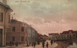 Léva, Levice; Kossuth tér, üzletek, Schulcz Ignácz kiadása / square, shops (kis szakadás / small tear)