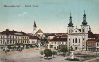 Marosvásárhely, Targu Mures; Fő téri részlet, Takarékpénztár, Lukács János és Fritsch Izsó üzlete / main square, savings bank, shops (EK)