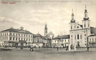 Marosvásárhely, Targu Mures; Fő téri részlet, Takarékpénztár, Lukács János, Harmath Sándor, Bartha Károly és Csíky Emil üzlete / main square, savings bank, shops (ragasztónyom / gluemark)