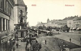 Arad, Andrássy tér, Neumann M. és Deutsch Testvérek üzlete, lóvasút / square, shops, horse drawn tram