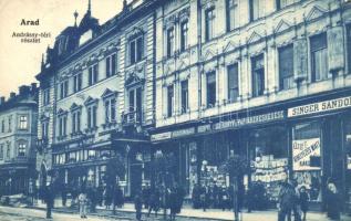 Arad, Andrássy tér, Singer Sándor, Kerpel Izsó, Hilyer Mihály, Kintzler Zoltán, Bloch H., Weinberger F. üzlete, Központi Szalon, Kerpel Izsó könyv és papírkereskedése és saját kiadású képeslapja / square, shops (EK)