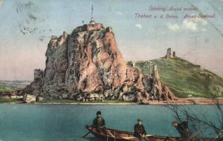 Dévény, Theben a. d. Donau, Devin; Várrom, Árpád szobor, csónakázók / castle ruins, statue, monument, boat (EB)