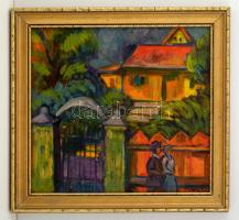 Kmetty jelzéssel: Sétálok a kapunál. Olaj, falemez, keretben, 33×35 cm