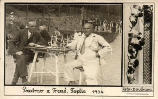 1934 Trencsénteplic, Trencianske Teplice; Italozó urak egy kávézó kerthelyiségében, Foto Doubrava / Gentlemen drinking in the garden of a café, photo (fa)