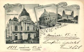 1898 Pécs, Fünfkirchen; Magyar Nemzeti színház, Kereskedelmi és Iparkamara, Székesegyház, floral. Kiadja Günsberger Lajos