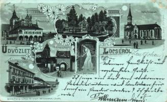 1898 Lőcse, Levoca; Városháza, megyeháza, városi főkapu, katolikus templom, kiadja Braun Fülöp, Krecsmár és Sacz / town hall, county hall, gate, church, floral, litho (EK)