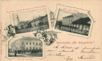 1899 Máramarossziget, Sighetu Marmatei; Református lyceum, Római katolikus templom és gimnázium, Állami felsőbb leányiskola, Mária-Valéria nőnevelde / girl schools, floral (EK)