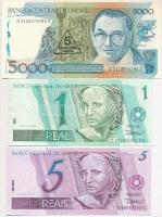 Brazília 1944. 2c + 1974. 5c + 1989. 5000C "500 CRUZADOS NOVOS" felülbélyegzéssel + 1997. 1R + 5R T:I-II Brazil 1944. 2 Cruzeiros + 1974. 5 Cruzeiros + 1989. 5000 Cruzados with "500 CRUZADOS NOVOS"  felülbélyegzéssel + 1997. 1 Real + 5 Reais C:UNC-XF Krause 133, 192, 217, 243A, 244A