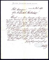 1873 a Budapesti Csavargőzös Átkelési Vállalat fejléces, német nyelvű levele, bélyegzővel