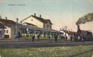 Csorna, vasútállomás, gőzmozdony, vasutasok, Martincsevics K. kiadása (kopott sarkok / worn corners)