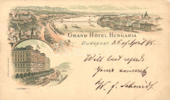 1898 Budapest, Corso, korzó, látkép, Grand Hotel Hungária, Czettel és Deutsch floral litho (kis szakadás / small tear)