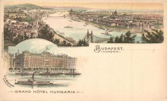Budapest, Corso, korzó, látkép, Grand Hotel Hungária, C. J. Burger Directeur, gőzhajók, Klösz Gy. és Fia litho (EK)