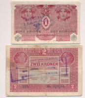 1916. 1K  "7381" + 1917. 2K mindkettőn hamis szerb felülbélyegzés (fake overprint) T:III- kis szakadás, fo. Adamo K3/1, K6