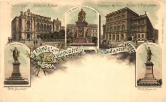 Budapest, Fővárosi vigadó, Deák szobor, Tudományos Akadémia, Eötvös és Petőfi szobor, Ottmar Zieher floral litho (EK)