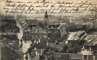 Győr, látkép a vasútállomással, templom építkezés (fa)