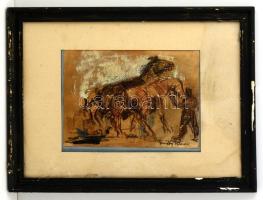 Márffy jelzéssel: Lovak. Vegyes technika, papír, üvegezett keretben, 19×27 cm