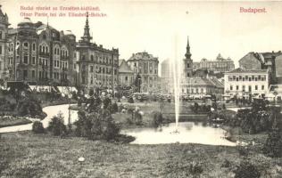 Budapest I. Tabán az Erzsébet hídfőnél, Rácz-fürdő, szökőkút, Divald Károly