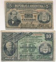 Argentína 1884 (1883). 5c + 10c T:III- tűly., kis szakadás, fo. Argetina 1884 (1883). 5 Centavos + 10 Centavos C:VG needle hole, small tear, spotted Krause 5, 6