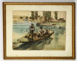 Udvary Pál (1900-1987): Halászok. Színezett rézkarc, papír, jelzett, üvegezett keretben, 30×38 cm