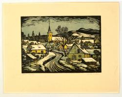 Réti Mátyás (1922-2002): Falu. Színes linó, papír, jelzett, 24×33 cm