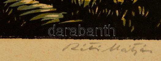 Réti Mátyás (1922-2002): Falu. Színes linó, papír, jelzett, 24×33 cm