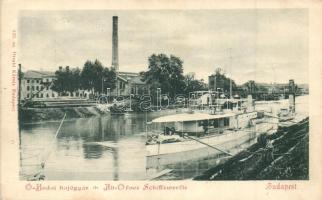 Budapest III. Óbuda, Hajógyár, az egyesült dunai osztrák-magyar Flottila monitorhajója, 208-as uszály; Divald Károly 133. / Hungarian river guard ship, ship factory, barge (Rb)