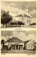 Halászi, utcakép templommal, Hangya üzlet (EK)