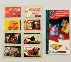 8 db különféle Coca Cola motívumos telefonkártya berakólapon + II. MATÁV telefonkártya katalógus 1996