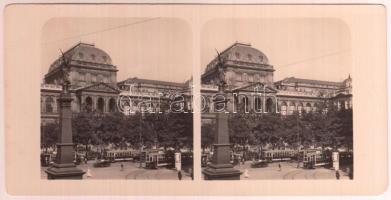 cca 1900 Bécsi egyetem előtt bécsi villamosok, vintage sztereo fotó, 9x18 cm / cca 1900 Vienna(Wien), Tram, stereo photo, 9x18 cm