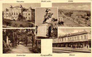 Kisújszállás, látkép, vasútállomás, városháza, Hősök szobra, Erzsébet-liget, Platz Ferenc kiadása (Rb)