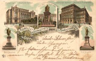 Budapest, Fővárosi vigadó, Tudományos akadémia, Deák, Eötvös és Petőfi szobor, floral, litho