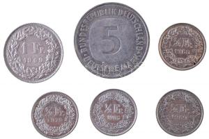 Vegyes: NSZK 1975D 5M + Svájc 1968-1985. 1/2Fr (4xklf) + 1Fr T:2 Mixed: FRG 1975D 5 Mark + Switzerland 1968-1985. 1/2 Franc (4xdiff) + 1 Franc C:XF