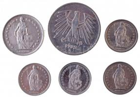 Vegyes: NSZK 1975D 5M + Svájc 1968-1985. 1/2Fr (4xklf) + 1Fr T:2
Mixed: FRG 1975D 5 Mark + Switzerl...