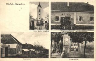 Baltavár, Bérbaltavár; utcakép, gyógyszertár, Feigelstock László vegyeskereskedése, Római katolikus templom