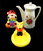 Porcelán kiöntő + 2 db kerámia mécsestartó és hamutartó, lepattanásokkal, m: 9 és 17 cm