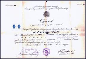 1936 Oklevél gyakorlati közigazgatási vizsgáról, okmánybélyeggel, szakadásokkal