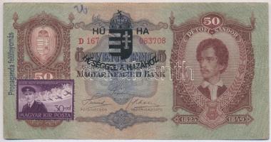 1932. 50P hamis "HŰSÉGGEL A HAZÁHOZ" felülbélyegzéssel, "Horthy Miklós Nemzeti Repülő Alap - Magyar Kir. Posta" bélyeggel (fake overprint) T:III
