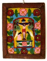 Erdélyi festett üveg ikon, jelzés nélkül, fa keretben, 39×29 cm