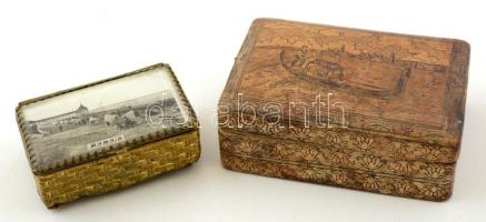 2 db régi ékszertartó dobozka, egyik "Mamaia" tengerpartos fotóval, közepes állapotban, 6×9 cm, 6×4 cm