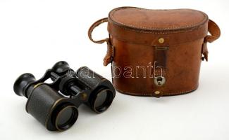 cca 1910  francia Teleo Binocle 5 1/2 x No. 86204 távcső, bőr tokkal, 10×12 cm