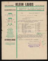 1937 Klein Lajos autoalkatrész cég fejléces számla