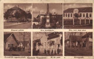 Verpelét, Központi szálloda, 48-as honvédszobor, Római katolikus elemi iskola, Dohányáruda, Posta, Kerepesi-féle vegyeskereskedelem (Rb)