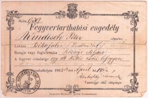 1862 Fegyvertartási engedély békafalvi lakos, községi elöljáró részére 72kr illetékbélyeggel / 1862 Gun licence for Burgenland Krottendorf  village officer, with tear