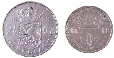 Belgium 1935. 20Fr Ag "II. Lipót" + Hollandia 1960. 2 1/2G Ag "Juliana" T:2,2- Belgium 1935. 20 Francs Ag "Leopold II" + Netherlands 1960. 2 1/2 Gulden Ag "Juliana" C:XF,VF Krause KM#105, KM#185