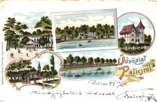 1899 Palics, Palic; Villa, strand, templom, Heumann Mór kiadása / villa, beach, church, Art Nouveau litho (kopott sarkak / worn corners)